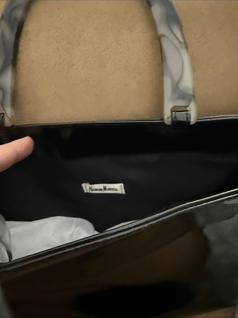 Neiman Marcus Black Patent Tote with Swirled Ivory Handles